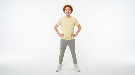 Obraz premium Young Red Haired Man Standing Confidently White Background