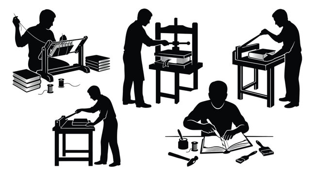 Set of silhouettes of a bookbinder working on the process of bookbinding, including sewing, pressing, cutting, and gluing