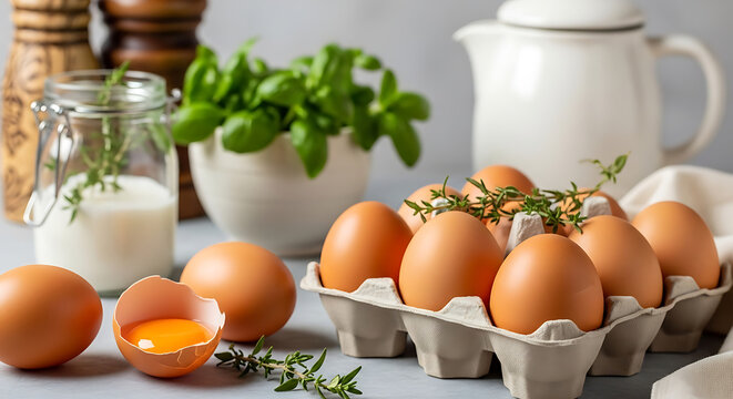 3d Kitchen Ingredients A brown egg carton with a cracked egg and visible yolk, beside a glass jar of white liquid (milk/cream), with a white pitcher and herb pot in the background