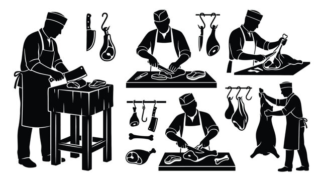 Set of butcher silhouettes professional butcher cutting meat on a wooden table, hanging meat on hooks, vector illustration