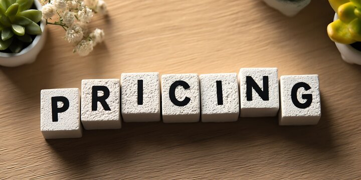 Wooden cubes spelling "PRICING" in a rustic, soft-focus style, set against a table background, conveying concepts like cost, affordability and valuation.
