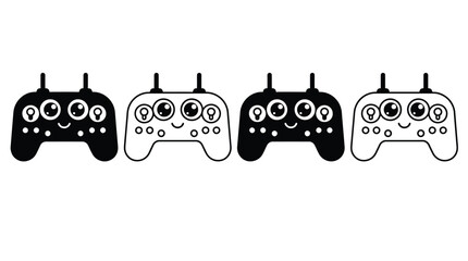Cute cartoon game controller character set, funny joystick mascot with eyes and smile, vector illustration of gaming remote control © PixelAura_Studio