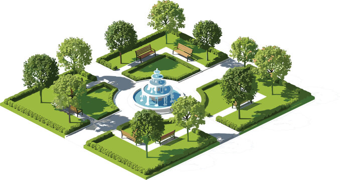 Isometric City Park Map with Fountain, Trees, Benches, and Pathways for Urban Landscape and Garden Environment DesignsIsometric City Park Map with Fountain, Trees, Benches, and Pathways 