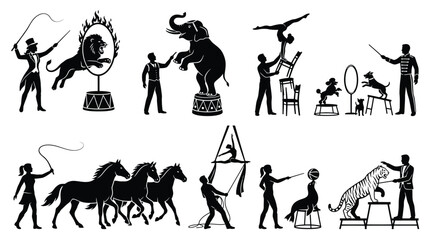 Circus performers and animals silhouettes set vector illustration of lion jumping through fire hoop, elephant, acrobat, dogs, horses, aerialist, seal with ball and tiger trainer © PixelAura_Studio