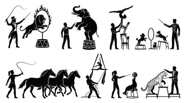 Circus performers and animals silhouettes set vector illustration of lion jumping through fire hoop, elephant, acrobat, dogs, horses, aerialist, seal with ball and tiger trainer