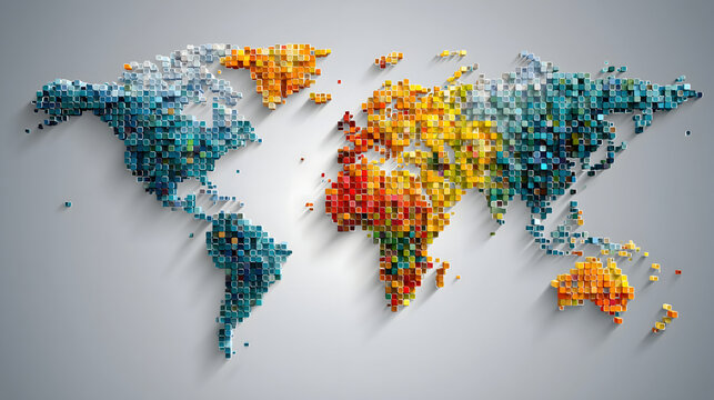 Colorful 3D world map made of small cubes on white, symbolizing global connection, data, geography, and international business.