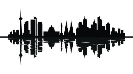 City skyline silhouette with reflection in water, urban landscape with skyscrapers, tower, dome and cathedral, vector illustration © PixelAura_Studio