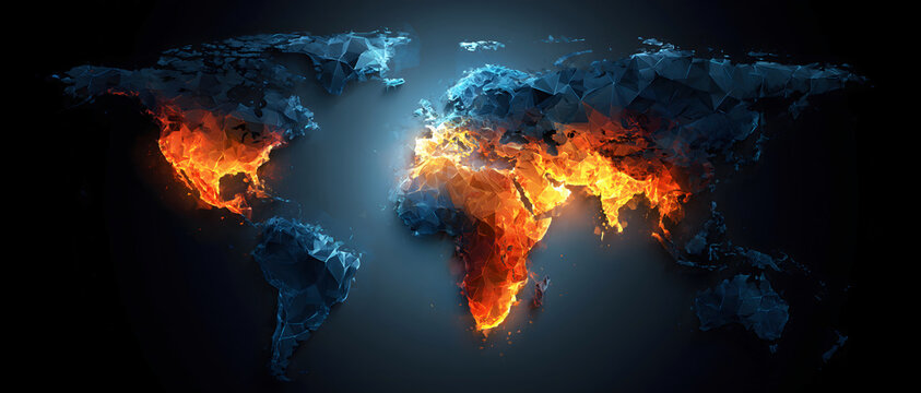 Dramatic abstract world map with fiery orange and icy blue tones, symbolizing global warming, climate crisis, and environmental danger.