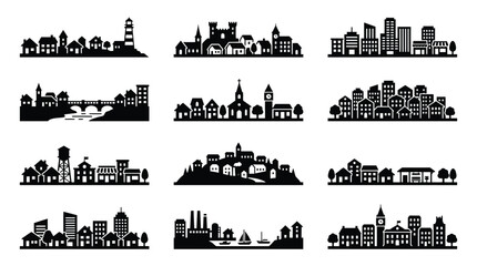 Set of city skylines and town silhouettes, collection of urban landscapes, village, castle, industrial area, harbor, and residential buildings © PixelAura_Studio