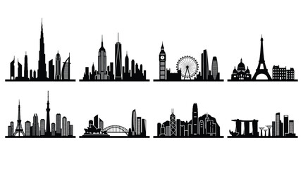 Set of famous city skylines silhouettes including dubai, new york, london, paris, tokyo, sydney, hong kong and singapore © PixelAura_Studio
