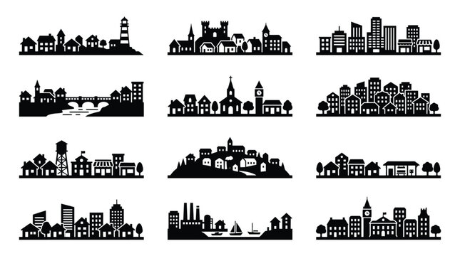 Set of city skylines and town silhouettes, collection of urban landscapes, village, castle, industrial area, harbor, and residential buildings
