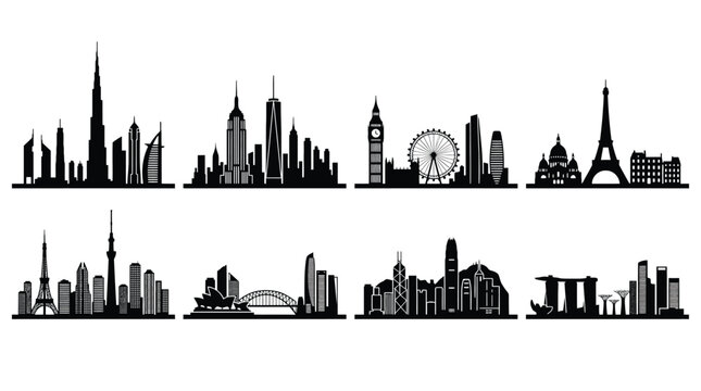 Set of famous city skylines silhouettes including dubai, new york, london, paris, tokyo, sydney, hong kong and singapore