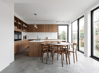 Fototapeta premium The image showcases a contemporary kitchen design featuring wood-themed cabinets, a center island, and tall windows allowing natural light to flood the space.