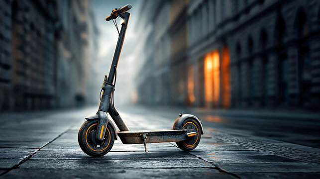 Electric scooter standing on a moody urban street, symbolizing modern city mobility, sustainable transport, and last mile commuting.