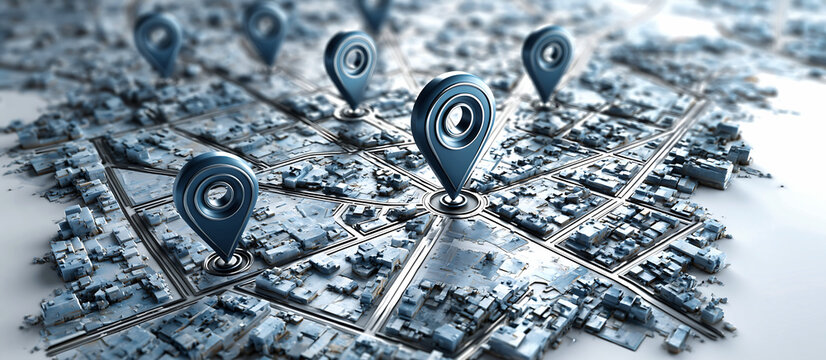 3D city map with multiple location pins, symbolizing GPS navigation, route planning, location tracking, and urban travel technology.