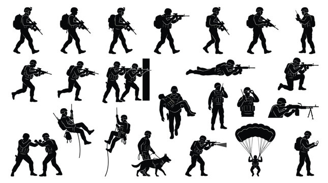 Set of military soldiers silhouettes in various action poses, combat, tactical maneuvers, rappelling, parachuting, and carrying wounded comrade