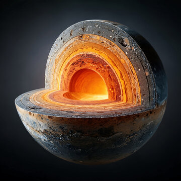 Cutaway model of Earth showing glowing molten core and geological layers, creating a dramatic science concept about planetary structure.