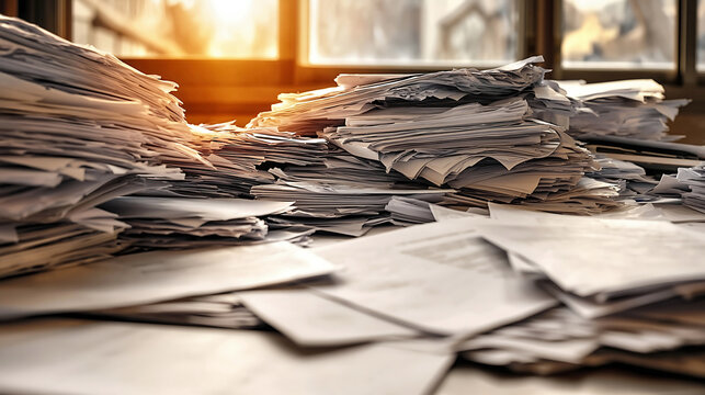 Messy stacks of office paperwork on a desk in warm window light, symbolizing administrative workload, clutter, and document management.