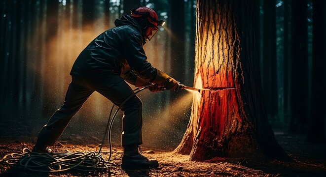 Professional lumberjack using high-tech laser tool to cut a large tree in a dark forest at night
