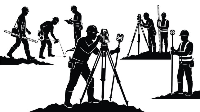 Land surveyors team working with professional equipment, total station, tripod, level staff and measuring tools construction site workers, engineering and geodetic survey concept