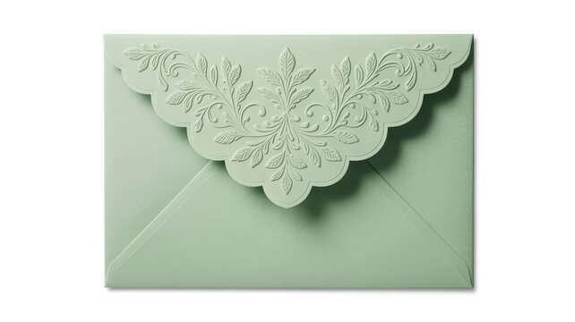 Light green paper envelope with an ornate embossed floral pattern on the flap, white background