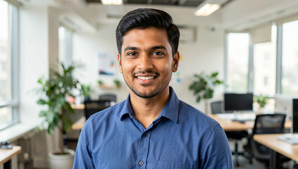 Fototapeta premium Smiling man standing in office space with desks and computers