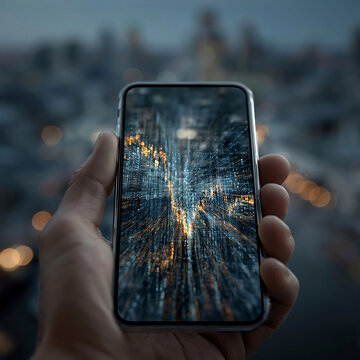 Hand holding a smartphone showing a glowing digital city network, with blurred urban lights creating a moody technology concept.