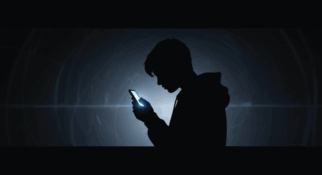 Silhouette of young person looking at glowing smartphone screen in dark room.