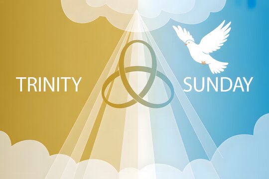 Trinity Sunday religious holiday background with sacred triquetra knot symbol white dove and divine light rays for Christian church celebration poster arts
