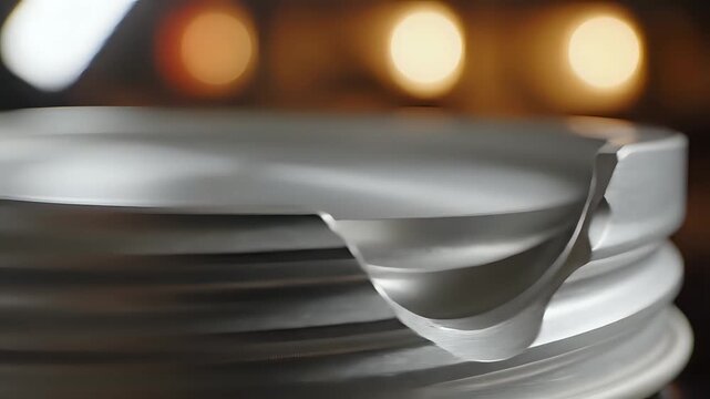 Closeup of a stack of metal discs with bokeh background.