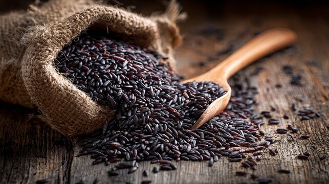 A burlap sack of black rice spills onto a wooden table with a wooden spoon