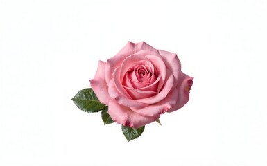 Fototapeta premium Pink rose with green leaves against a clean white background.