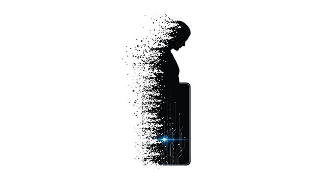 Silhouette of person dissolving into digital particles from smartphone, technology addiction concept.