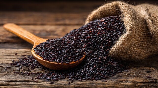 A wooden spoon filled with black rice spills out onto a rustic wooden table from a burlap sack.
