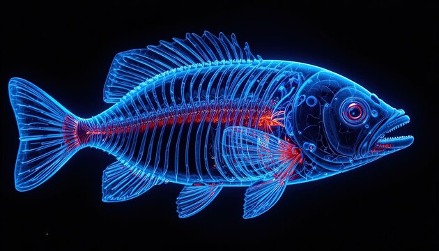 glowing blue bioluminescent fish with red gills in dark underwater scene