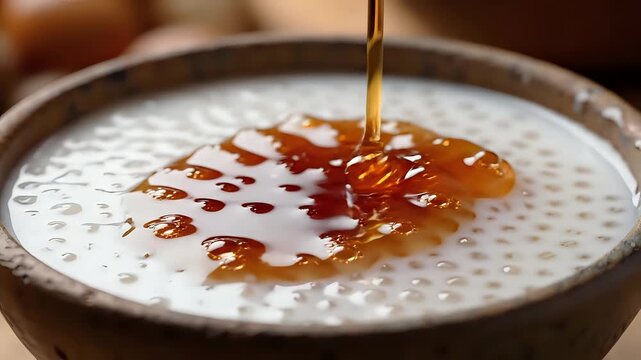 Closeup of Honey Drizzling onto a Bowl of Tapioca Pudding.