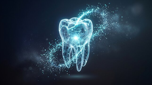 Glowing digital model of human tooth with abstract particles. Concept of modern dentistry and dental technology. Innovative healthcare diagnostics and tooth care visualization.
