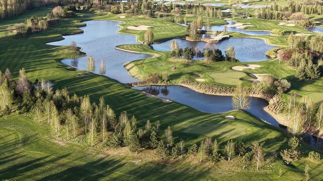 Golf course green in summer with bright sunlight