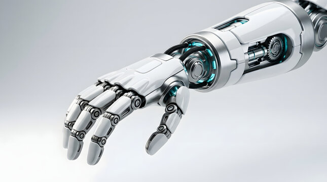 A highly detailed robotic hand with articulated fingers made of white metal, reaching forward against a clean background.