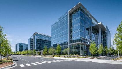 Obraz premium Modern Glass Office Buildings and Road on a Clear Day.