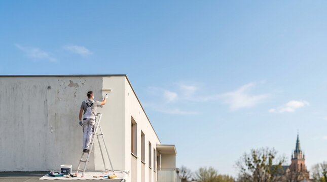 Man painting the exterior wall of a house with clear blue sky space