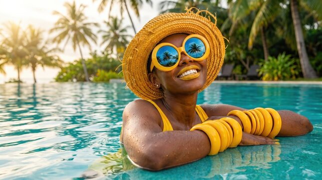 Lachende afrikanische Frau im gelben Badeanzug lehnt entspannt am Beckenrand des Pools