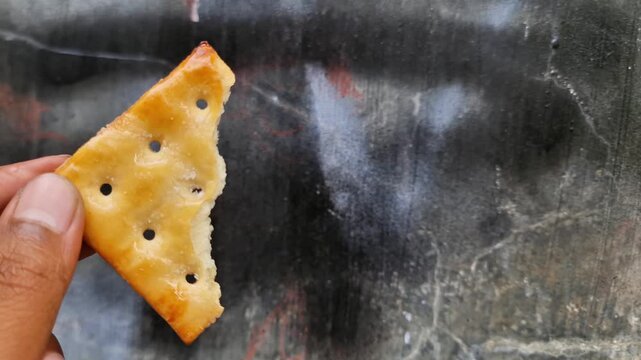 Bitten Sweet Cracker in Hand Concept of Enjoying Crunchy Delicious Snack Break