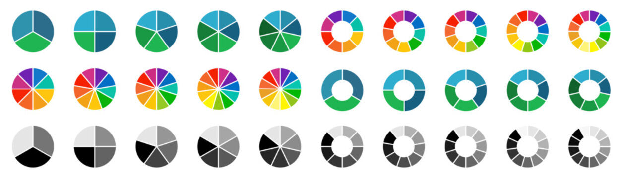 Circle pie chart icons. Pie charts diagram. Colorful diagram. Set of different color circles isolated. Pie chart for data analysis, business presentation, UI, web design. Vector illustration