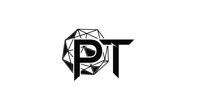 Modern PT letter logo with geometric wireframe sphere