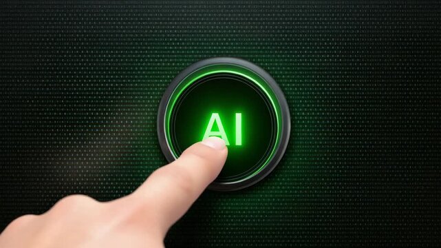 finger touches green glowing ai button digital technology concept animation
