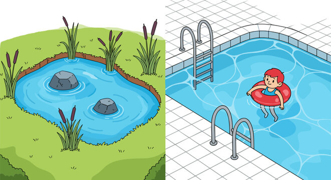 Natural Pond and Swimming Pool Illustration Set with Water Landscapes, Rocks, Plants and Child Floating Ring Summer Activity Flat Vector Collection