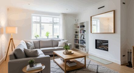 Fototapeta premium Modern minimalist living room interior with grey sofa and fireplace