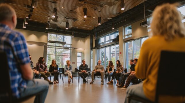 Diverse group of people sitting in a circle in a modern room