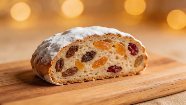 Sliced fruit bread on wooden board